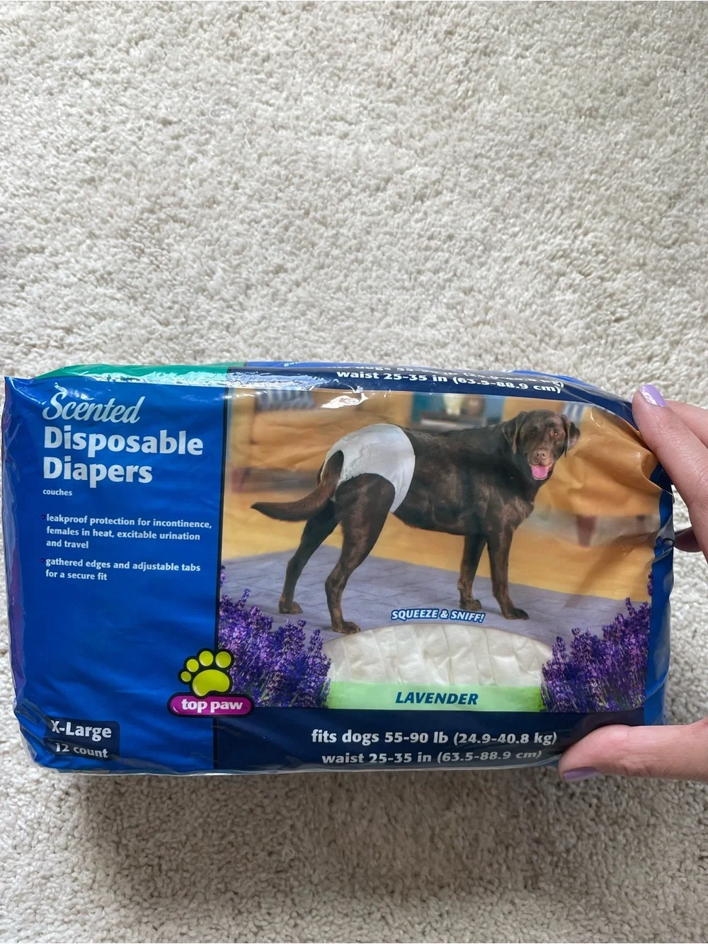 Top Paw Lavender Scented Disposable Dog Diapers - White & Blue Packaging